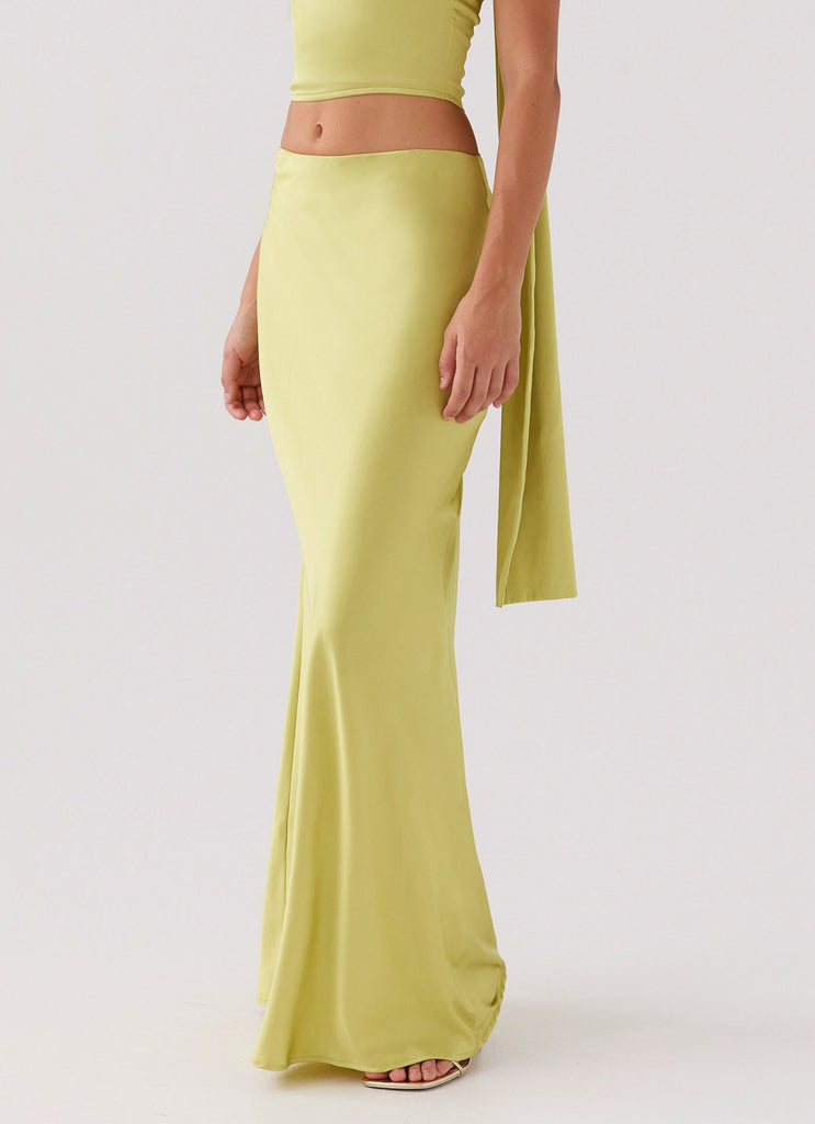 Womens Josefina Satin Maxi Skirt in the colour Chartreuse in front of a light grey background