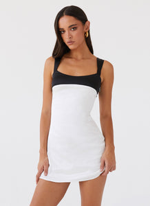 Womens Odette Satin Mini Dress in the colour Noir Pearl in front of a light grey background