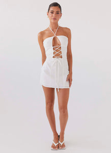 Womens Island Echoes Linen Mini Dress in the colour White in front of a light grey background