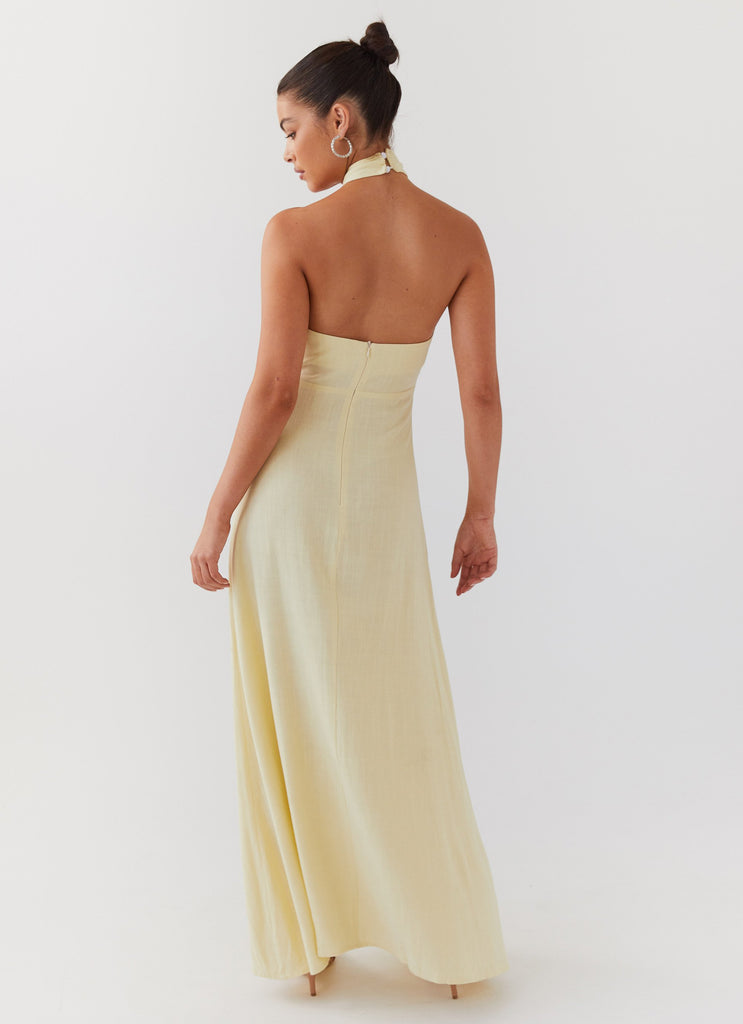 Womens Adrienne Linen Maxi Dress in the colour Lemon in front of a light grey background