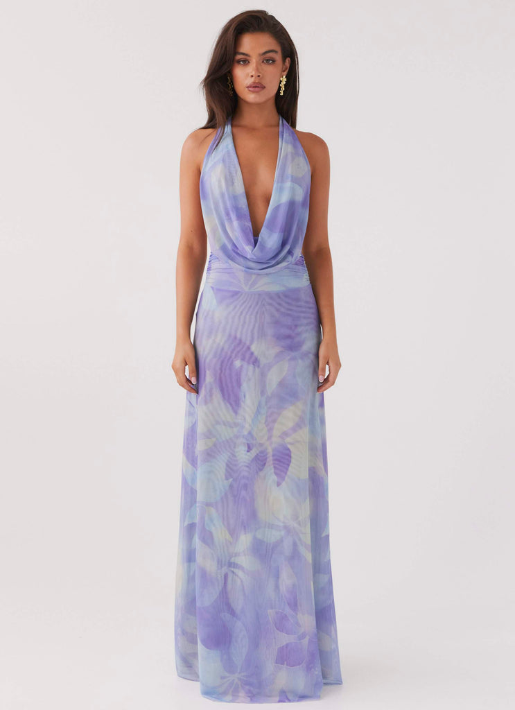 Womens Elysia Mesh Maxi Dress in the colour Purple Rain in front of a light grey background