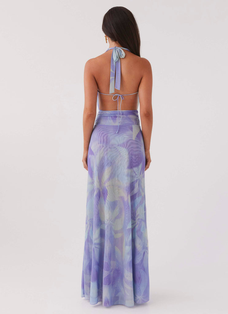 Womens Elysia Mesh Maxi Dress in the colour Purple Rain in front of a light grey background