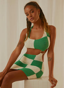 Jet Set Crochet Mini Dress - Green Check - Peppermayo