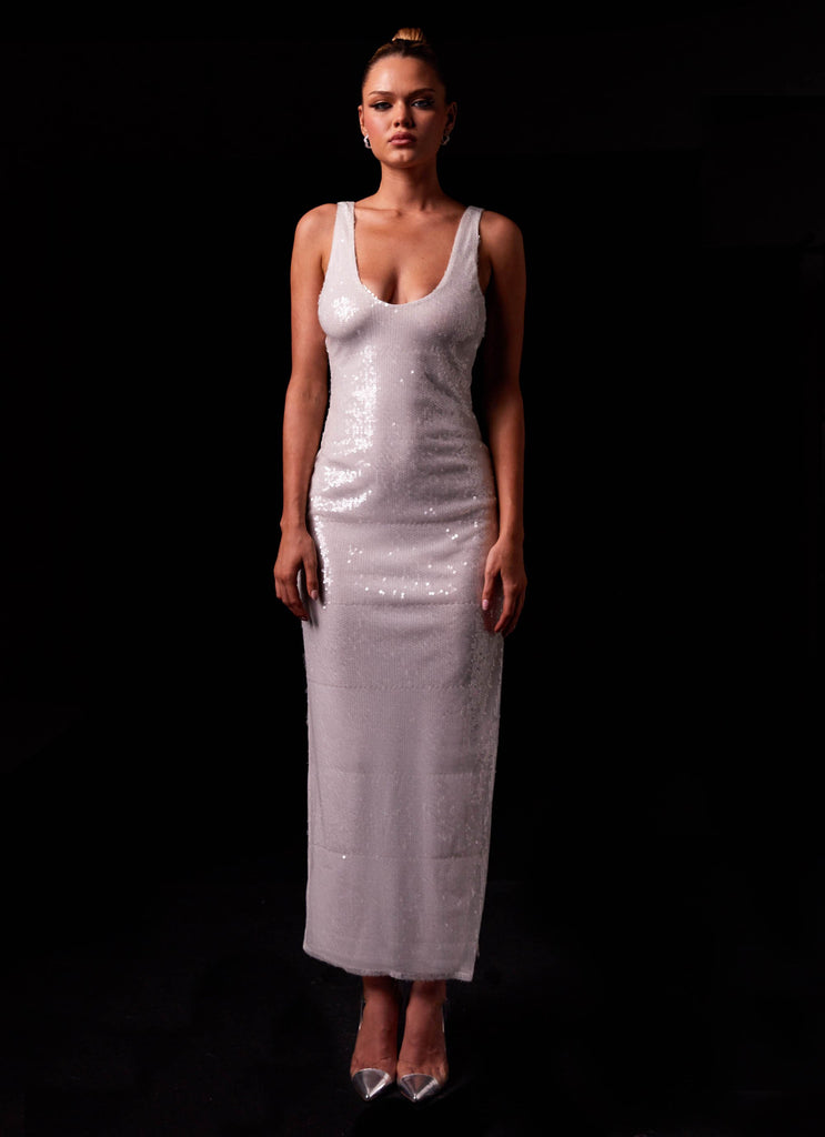 Womens Ophelia Sequin Maxi Dress in the colour Snow Frost in front of a light grey background