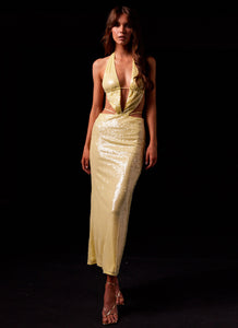 Womens Elara Sequin Maxi Dress in the colour Lemon Spritz in front of a light grey background