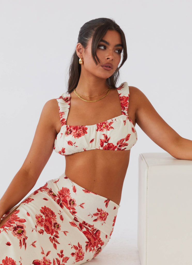 Womens Valencia Villa Bralet Top in the colour Rosa Floria in front of a light grey background