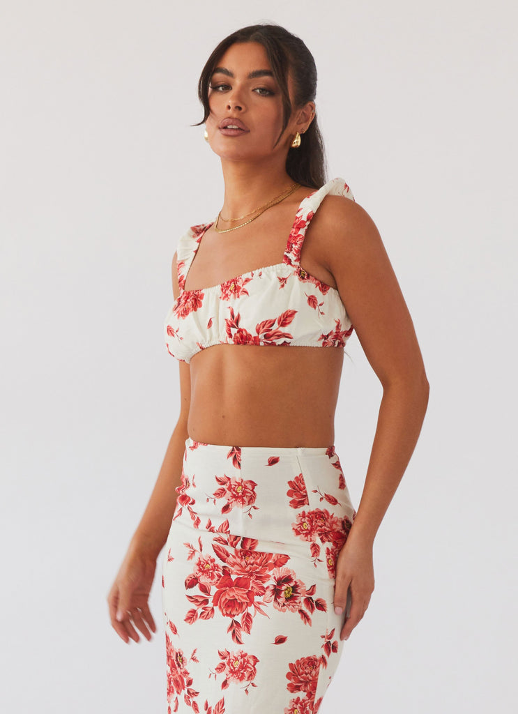 Womens Valencia Villa Bralet Top in the colour Rosa Floria in front of a light grey background