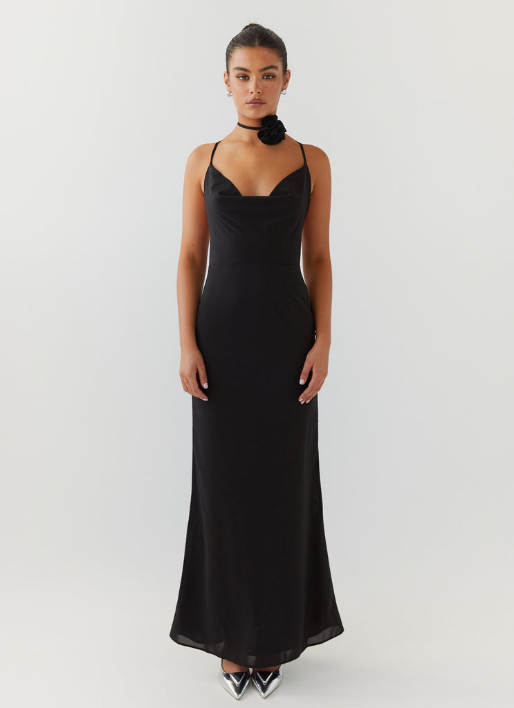 Womens Royal Charm Rose Maxi Dress in the colour Black in front of a light grey background