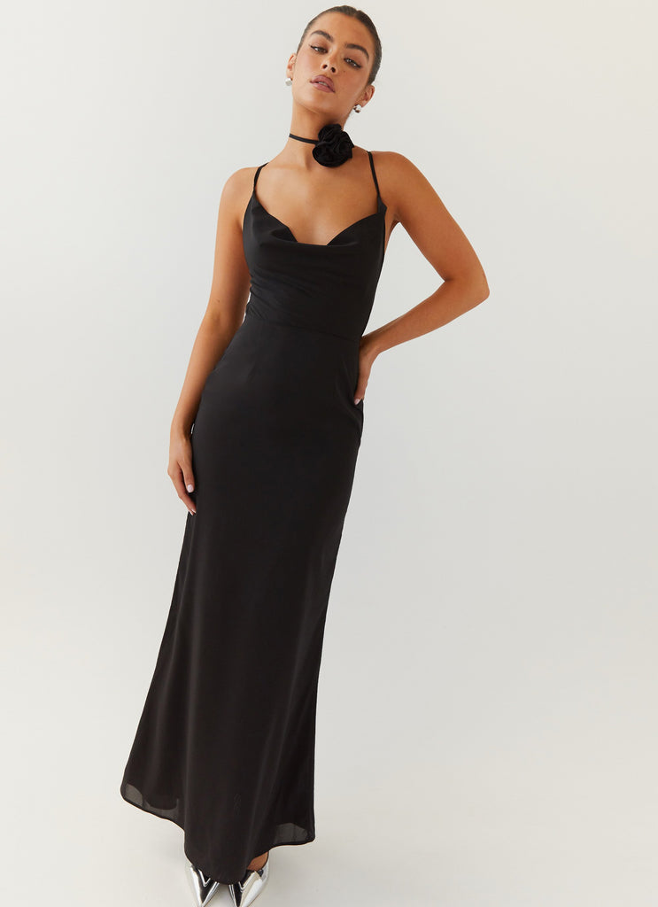 Womens Royal Charm Rose Maxi Dress in the colour Black in front of a light grey background