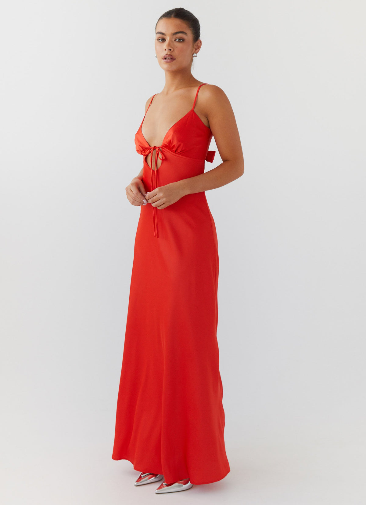 Womens Flora Satin Maxi Dress in the colour Citrus in front of a light grey background