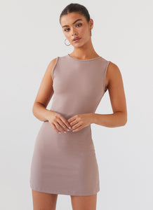 Womens Cosmic Chic Mini Dress in the colour Latte in front of a light grey background