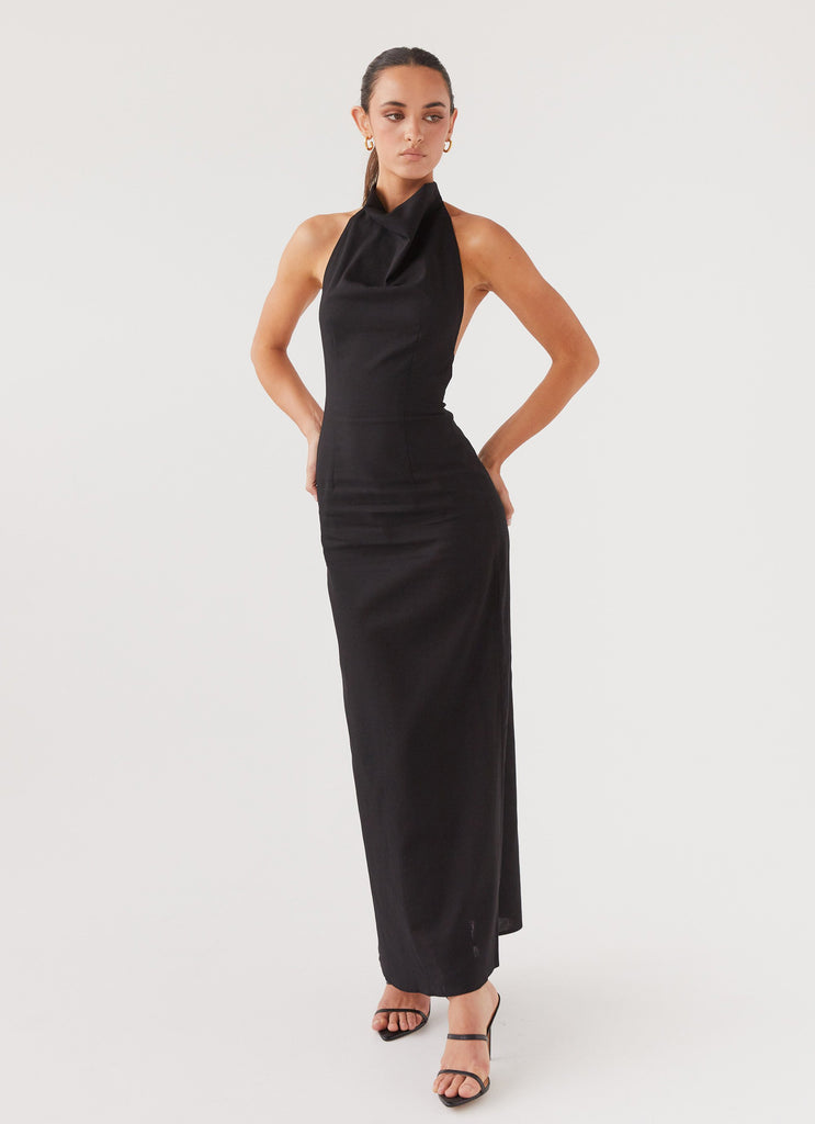 Womens Cartia Linen Maxi Dress in the colour Black in front of a light grey background