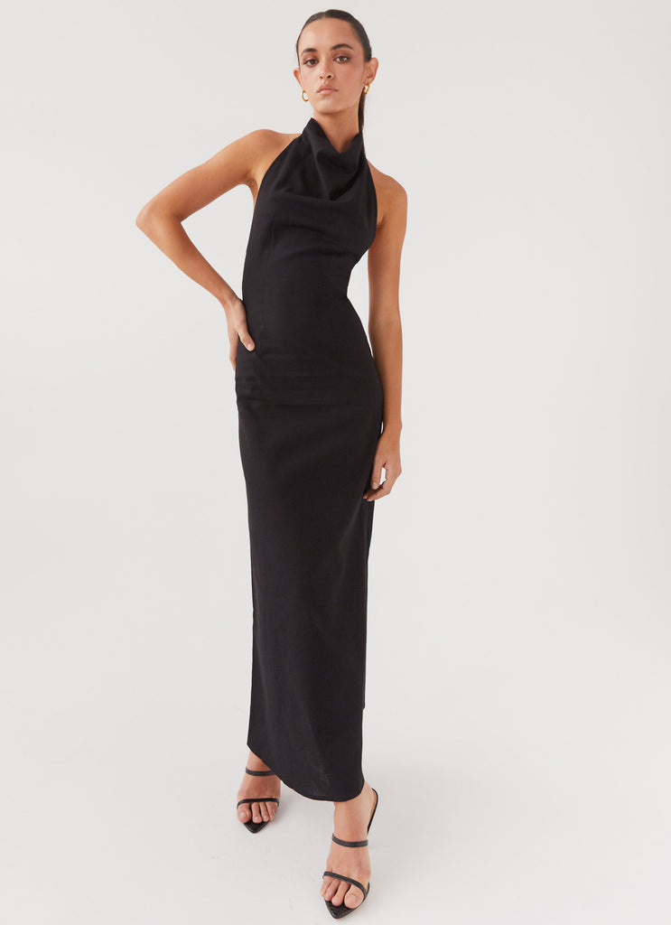 Womens Cartia Linen Maxi Dress in the colour Black in front of a light grey background