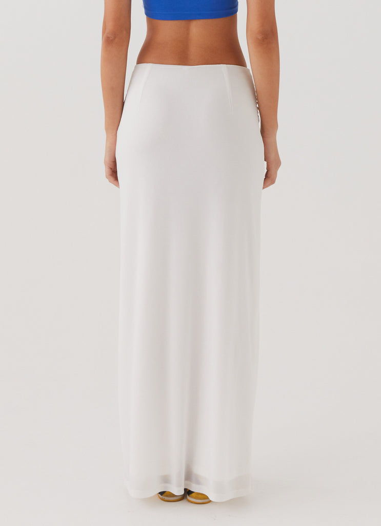 Womens Look At Me Maxi Skirt in the colour White in front of a light grey background