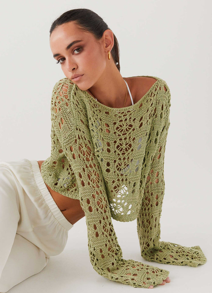 Womens Free Mind Crochet Long Sleeve Top in the colour Light Olive in front of a light grey background