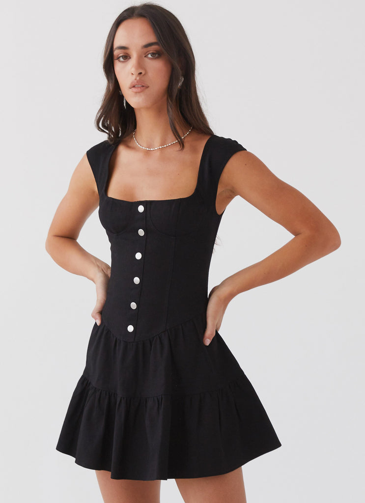 Womens Isabella Denim Bustier Dress in the colour Black in front of a light grey background