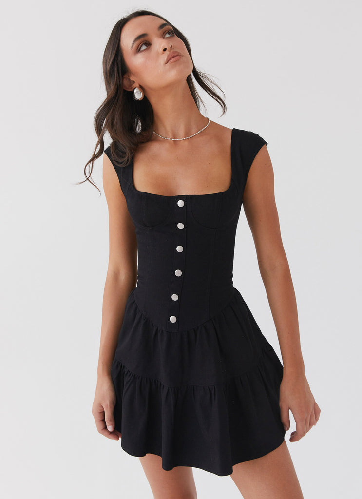 Womens Isabella Denim Bustier Dress in the colour Black in front of a light grey background