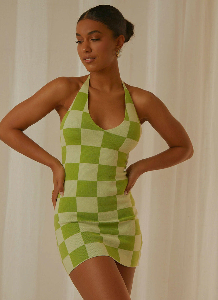 The Groove Knit Halter Dress - Lime Checkers - Peppermayo