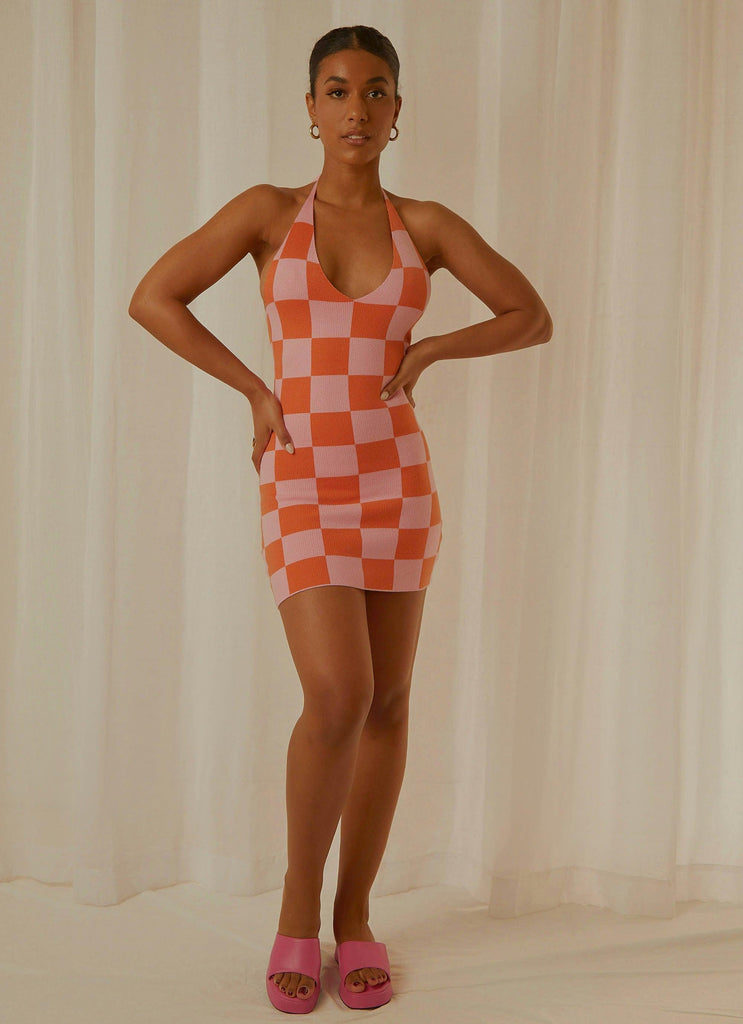 The Groove Knit Halter Dress - Pink and Orange Checkers - Peppermayo