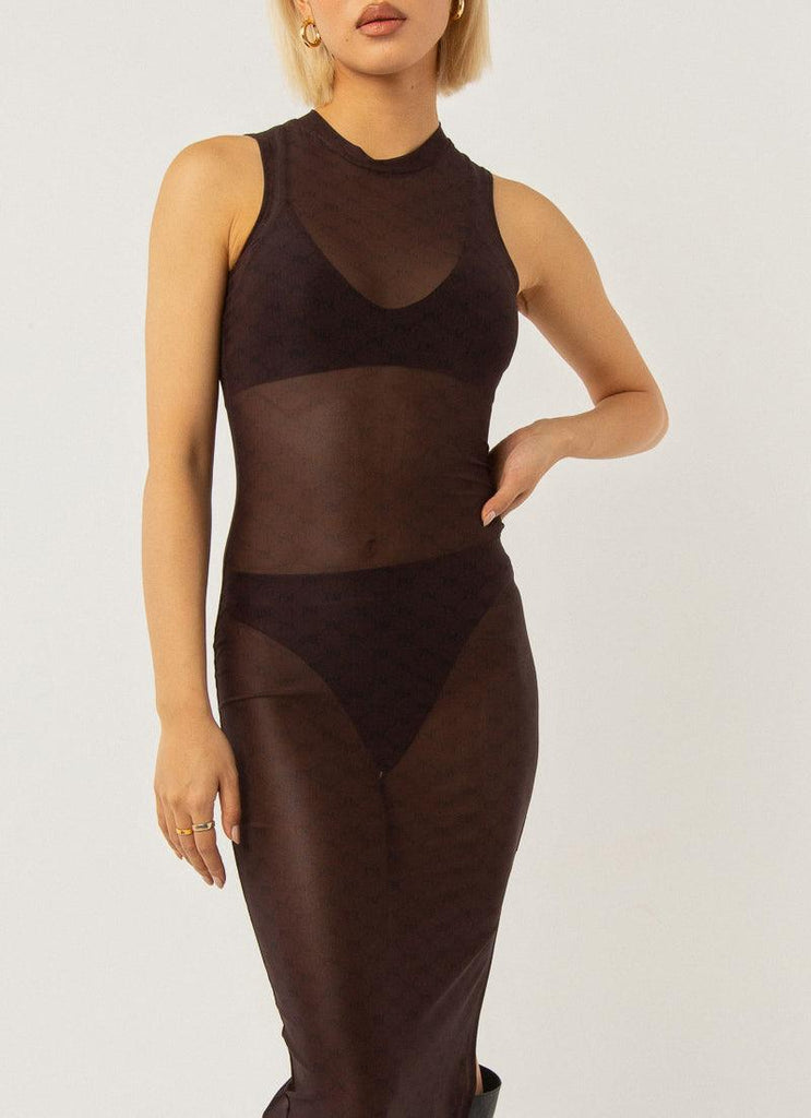 Cool To Be Kind Mesh Dress - Chocolate Monogram - Peppermayo