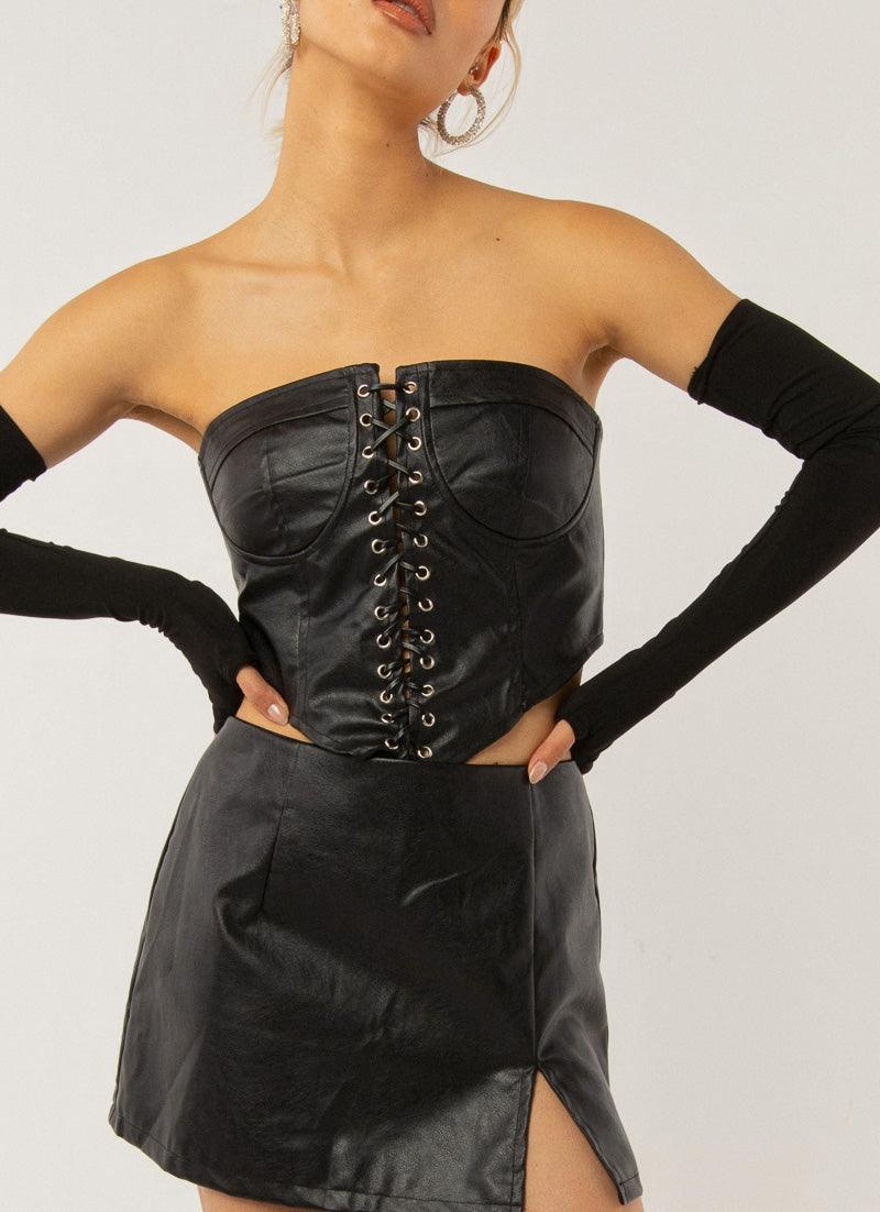Night Turns Into Morning PU Bustier - Black PU - Peppermayo