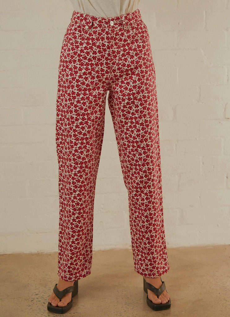 Shelby Hemp Print Wide Leg Pant - Red - Peppermayo